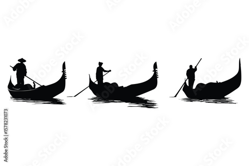 variety of gondola silhouette  in black, featuring traditional venetian boats with rowers on white background