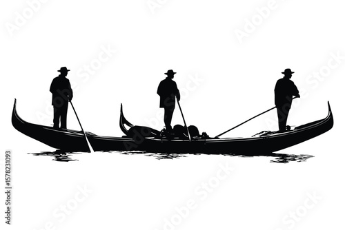 set of gondolier and boat silhouettes in black, featuring figures rowing in gondolas on white background