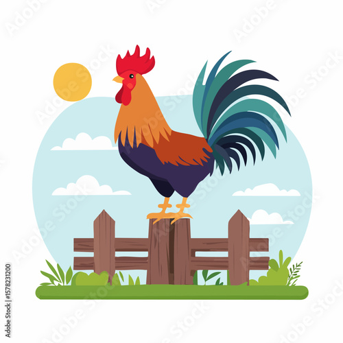 Colorful Rooster Perched on a Fence, Announcing the Morning Sun.