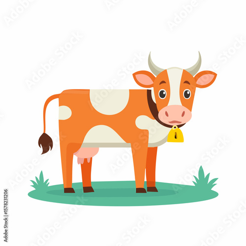Cartoon Cow with Orange and White Spots, Bell, and Green Grass.
