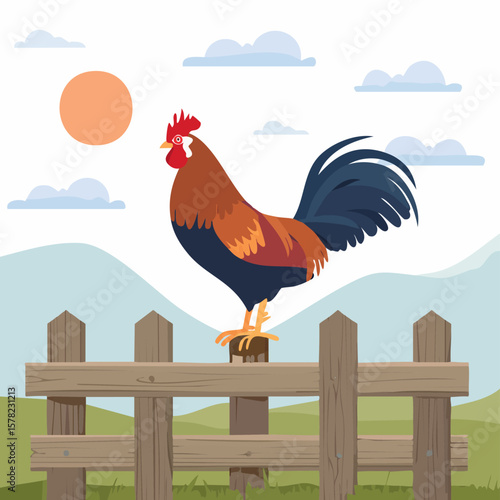 Colorful Rooster Perched on a Wooden Fence at Sunrise, Vector Illustration