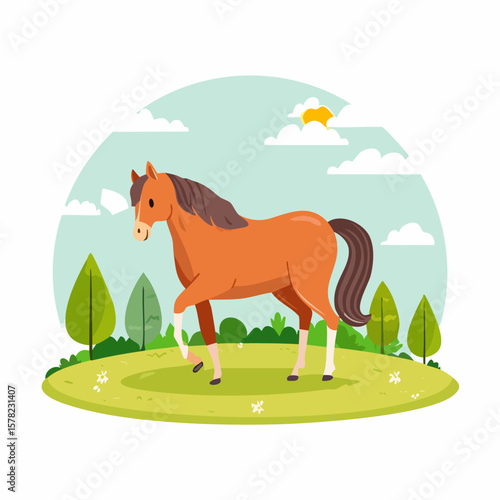 Cartoon Horse Grazing in a Sunny Meadow with Trees and Clouds
