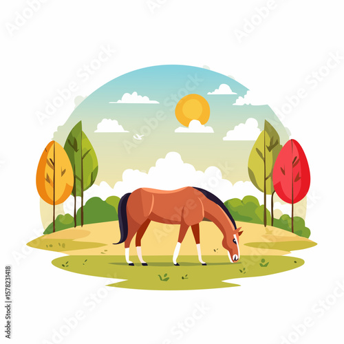 Peaceful Brown Horse Grazing in a Colorful Autumnal Landscape.