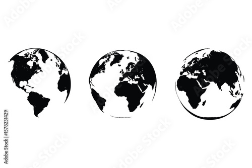 set of world map silhouette  in black, featuring globe rotation views on white background