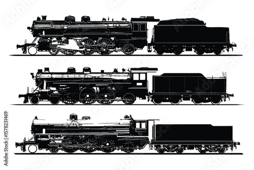 set of train silhouette illustrations in black, featuring modern and classic locomotives on white background