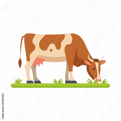 Brown and White Cow Grazing on Green Grass in a Field