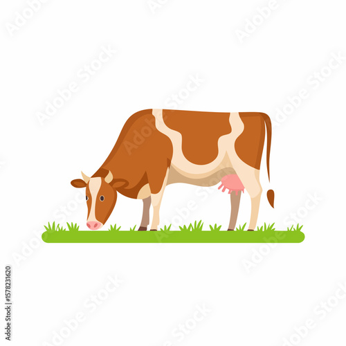Brown and White Cow Grazing on Green Grass, Cartoon Illustration