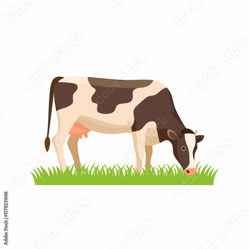 Cartoon Cow Grazing on Green Grass with Distinctive Brown and White Markings