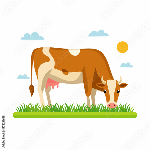 Cartoon Cow Grazing on Green Grass Under a Sunny Sky
