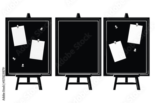 variety of presentation boards with clipped papers in silhouette style, suitable for meetings and classrooms