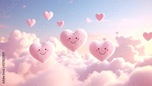 Fluffy pink hearts float in a soft pastel sky