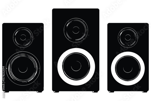 variety of audio speaker illustrations in black silhouette style, including subwoofers and speaker units