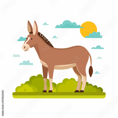 Cartoon Donkey Standing in a Sunny Field with Clouds and Sun