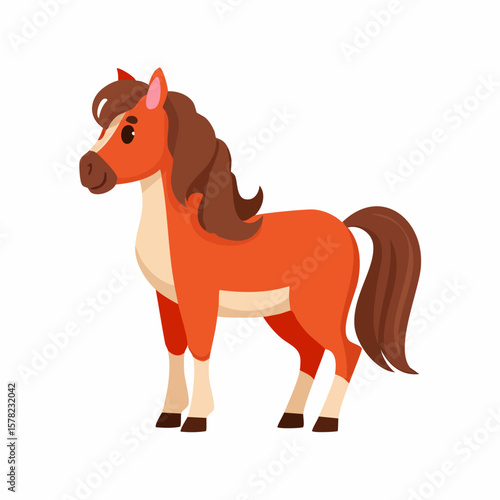 Cartoon Horse with Brown Mane and Tail Standing Proudly in Profile