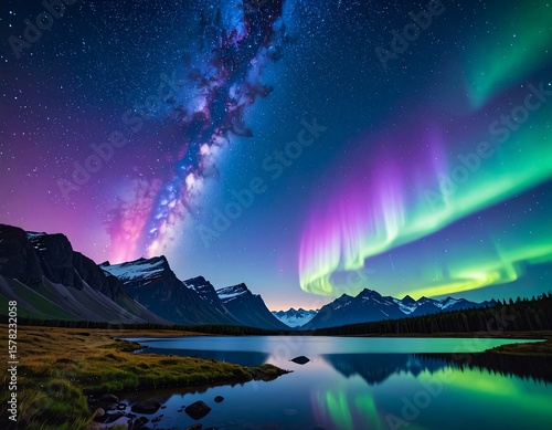 Night sky spectacle over serene lake