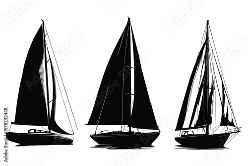 variety of sailboat silhouettes in black style, including different sail positions and boat types