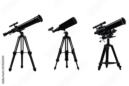 variety of telescope silhouettes in black style, including tripods and observational gear