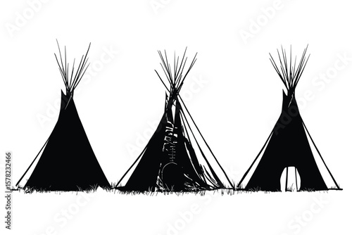 variety of tipi tent silhouettes in black style, inspired by Native American traditional shelters