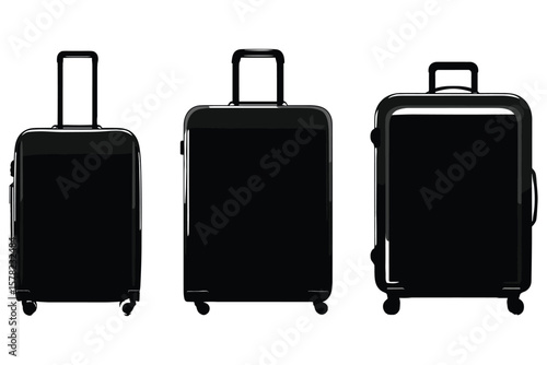variety of suitcase silhouettes in black style, including wheeled and upright luggage for travel purposes