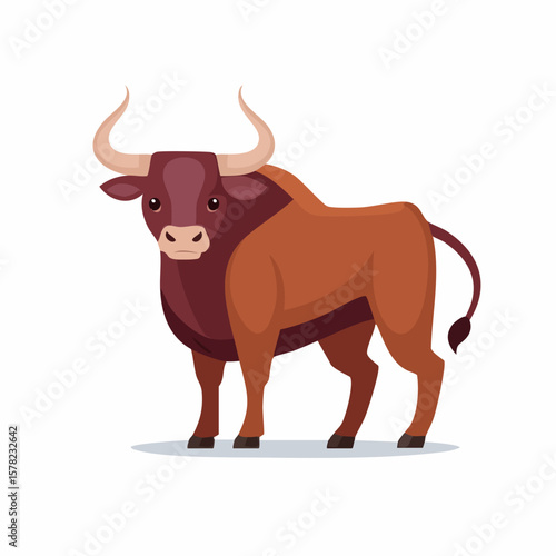Stylized Brown Bull with Curved Horns and Determined Expression