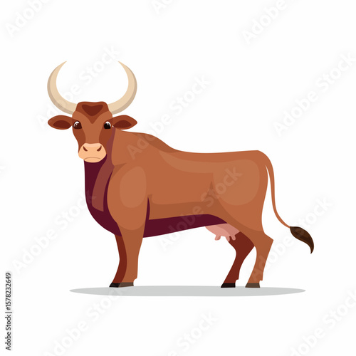 Brown Cow with Curved Horns Standing in Profile, Vector Illustration