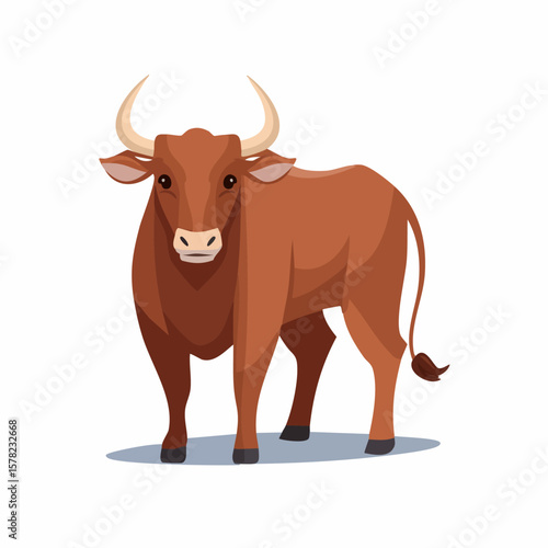 Stylized Brown Bull Standing Proudly with Curved Horns and Tail