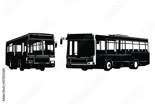 variety of public transport silhouettes in black style, including buses and trolleys in side view