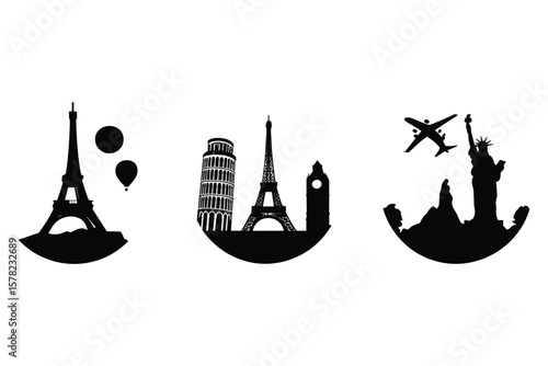 variety of travel landmark  in black silhouette style, featuring iconic monuments and airplanes