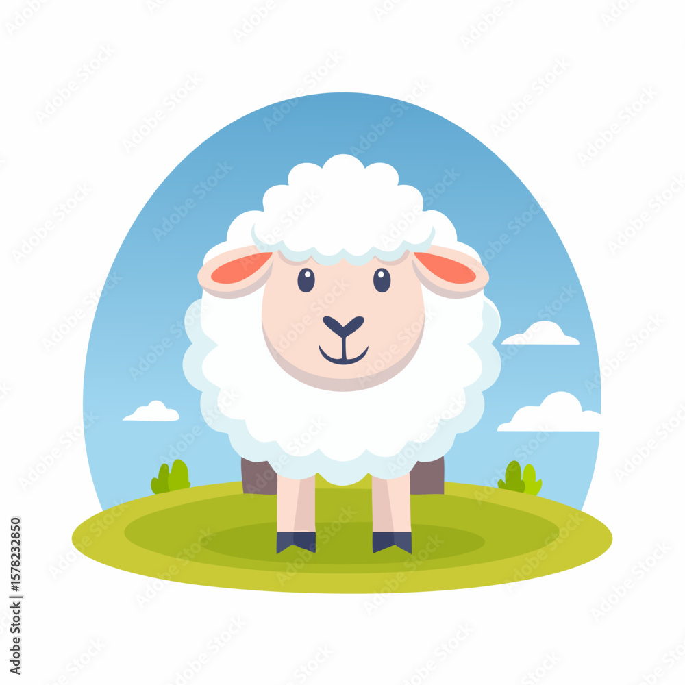 Fototapeta premium Cartoon Sheep Standing on Green Field with Blue Sky and Clouds