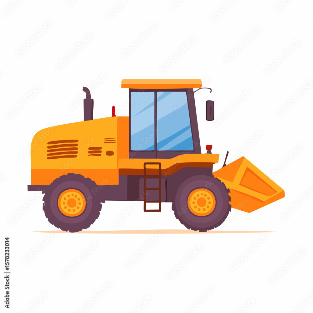 Naklejka premium Brightly Colored Cartoonish Wheel Loader Depicted in Side Profile.