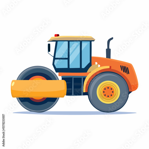 Detailed Orange and Yellow Road Roller Illustration with Blue Windows