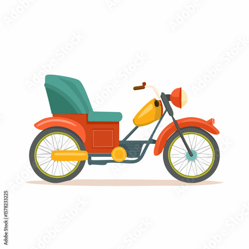 Colorful Vintage Motorcycle with Passenger Seat, Side View Illustration
