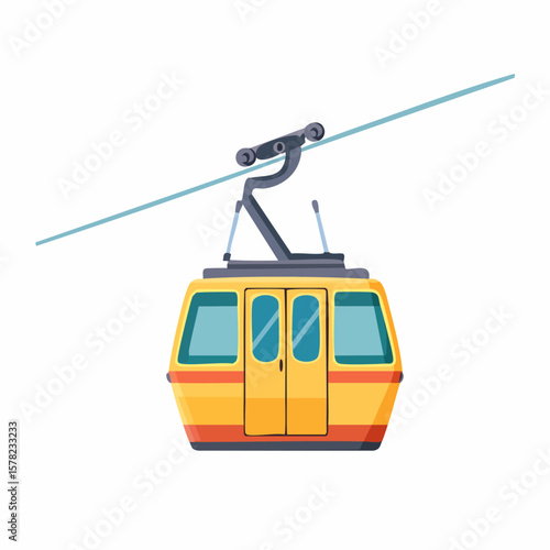 Cartoonish Yellow Gondola Lift Ascending on a Blue Cable for Transport.