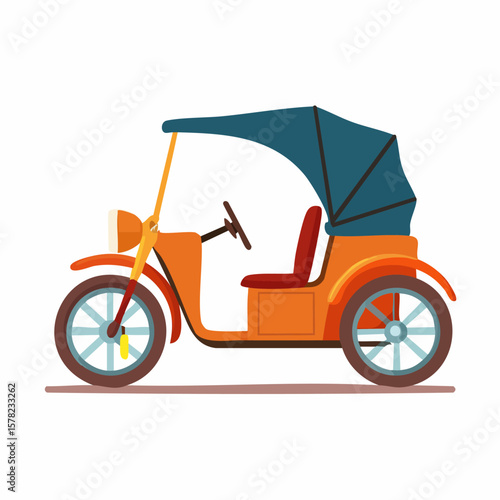 Colorful Illustrated Vintage Rickshaw with Canopy and Steering Wheel