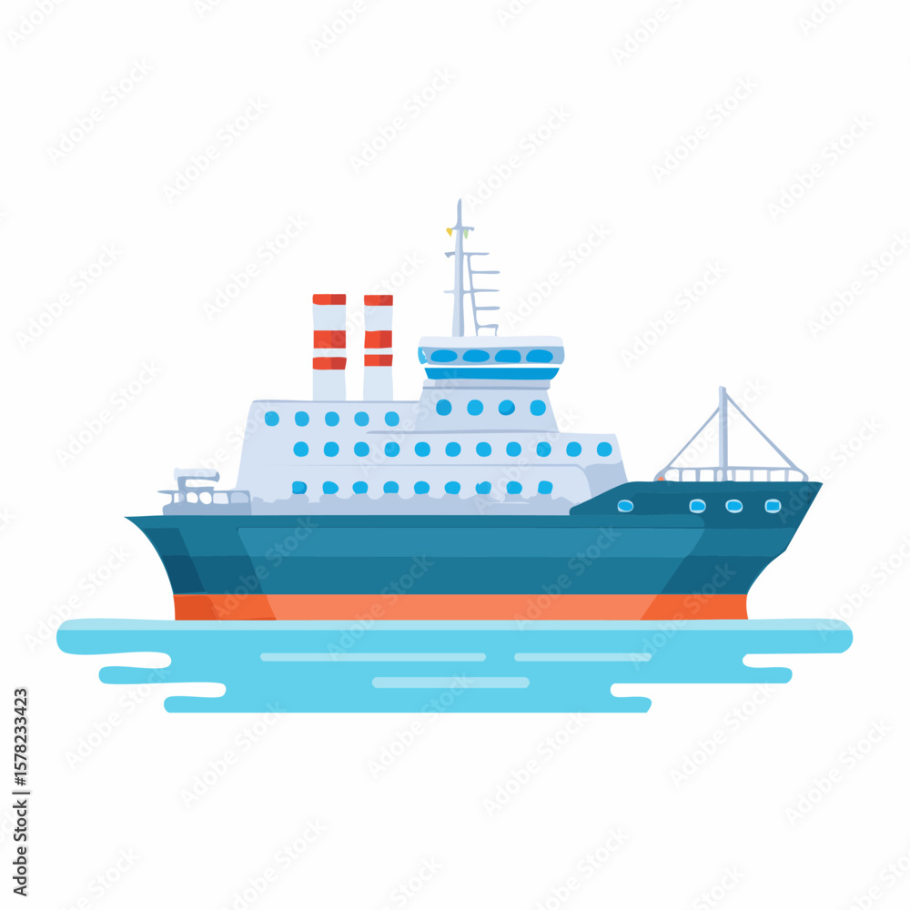 Fototapeta premium Stylized Cruise Ship Floating on Water with Red and Orange Details