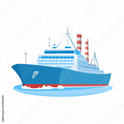 Detailed Illustration of a Blue Cruise Ship with Red and White Smokestacks