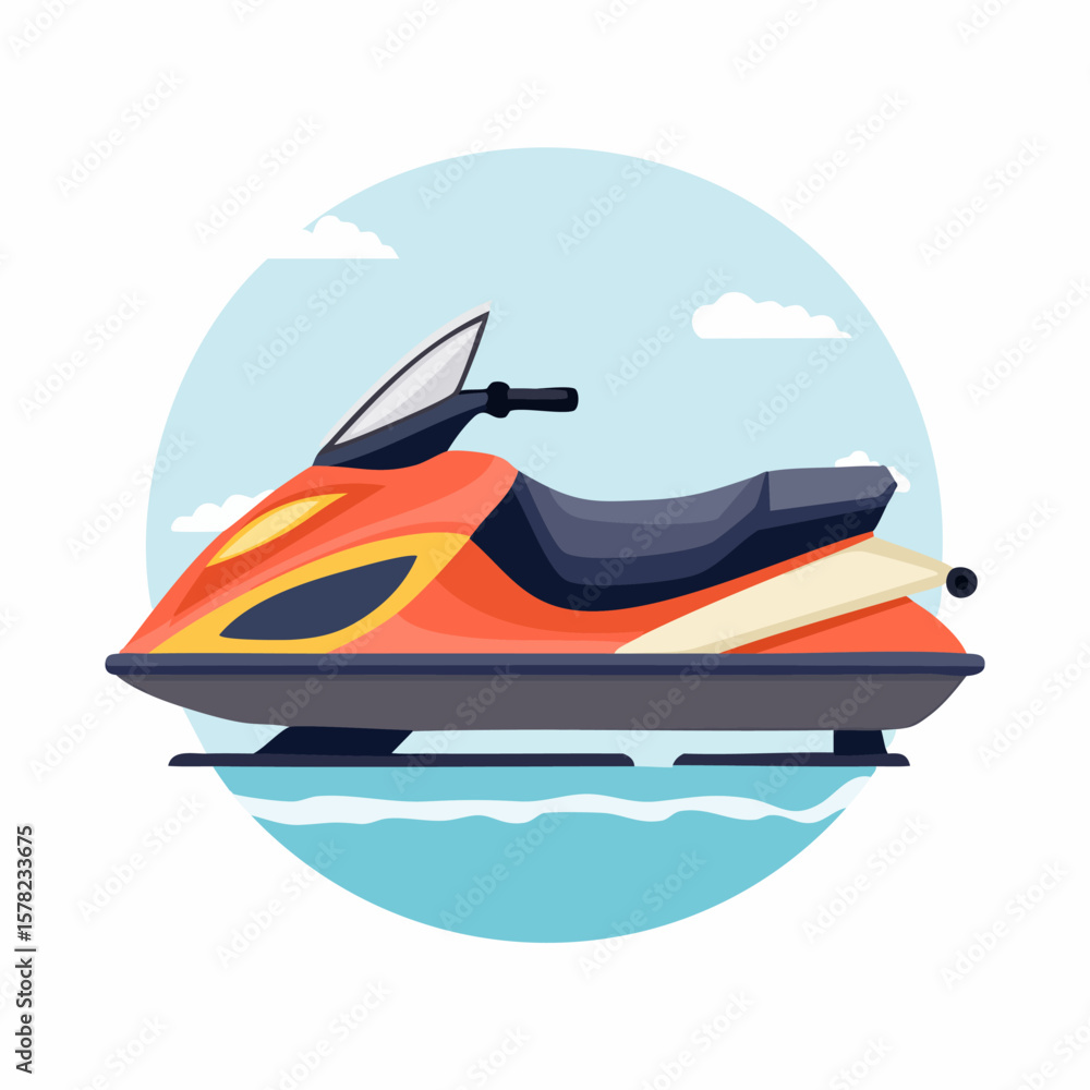 Naklejka premium Vibrant Orange Jet Ski Floating on Water with Blue Sky Backdrop