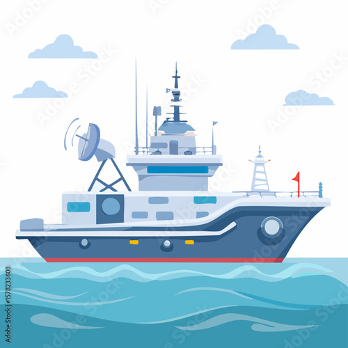 Modern Naval Vessel with Radar and Antenna Sailing on the Ocean