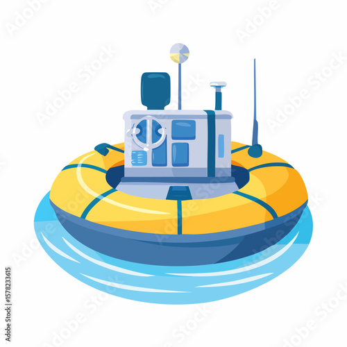 Cartoonish Rescue Boat Floating on Water with Yellow Life Ring