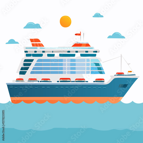 Colorful Cartoon Cruise Ship Sailing on Calm Ocean Waters