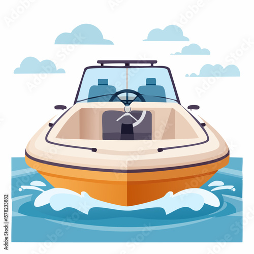 Front view of a vibrant orange motorboat cruising on the water with clouds.