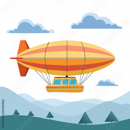 Colorful Airship Floating Above Mountains and Fluffy Clouds in Sky
