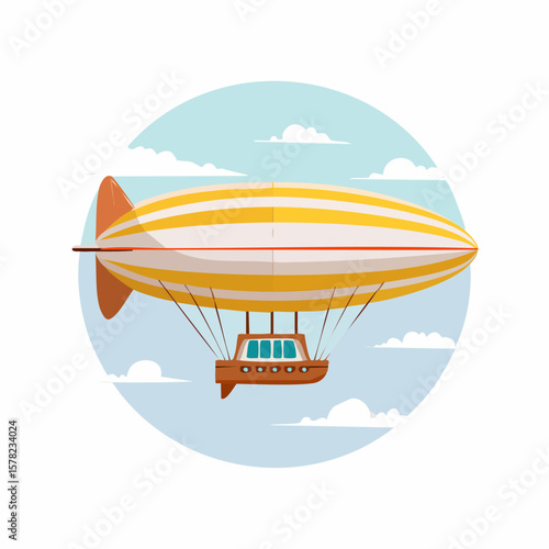 Cartoonish Blimp Floating in Sky with Yellow and White Stripes