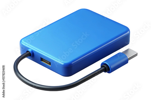 Blue usb hub with usb c connector and usb a port isolated on transparent background