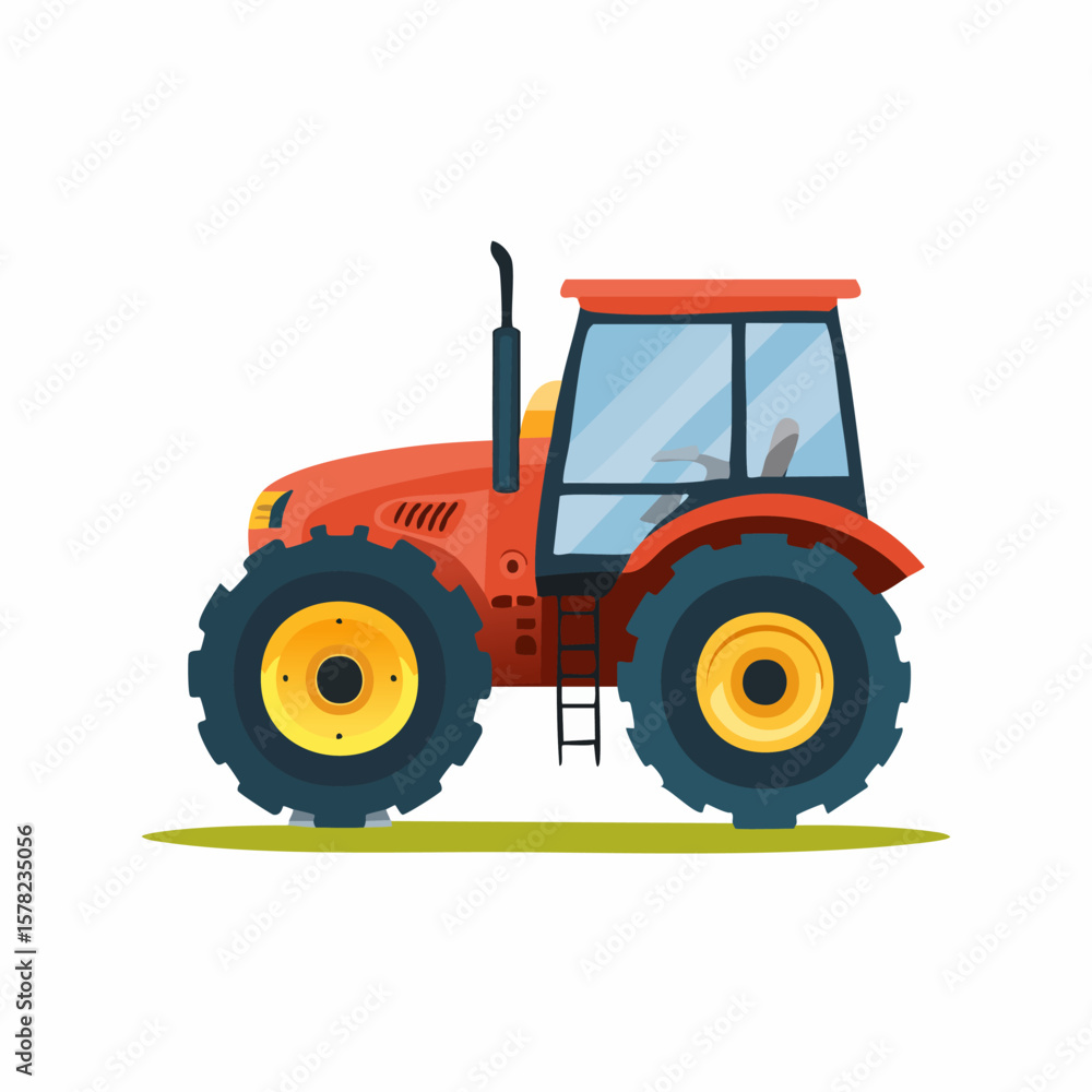 Obraz premium Vibrant Red Tractor with Large Wheels on Green Field Illustration