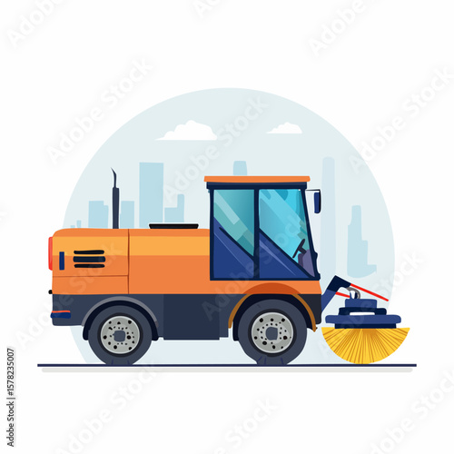 Orange and Blue Street Sweeper Cleaning City Streets with Brush