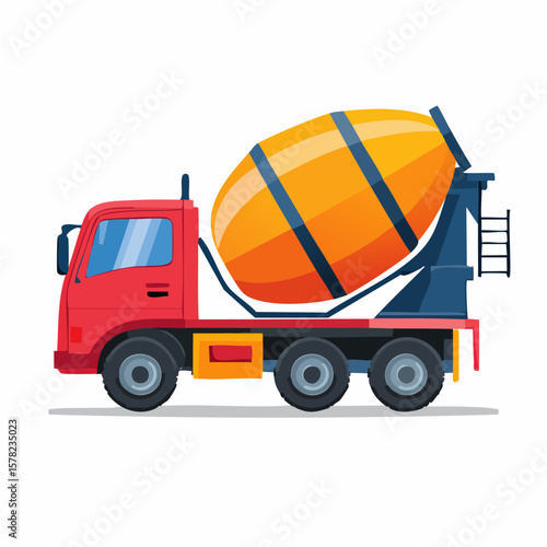 Vibrant Red Concrete Mixer Truck with Orange Drum and Blue Accents