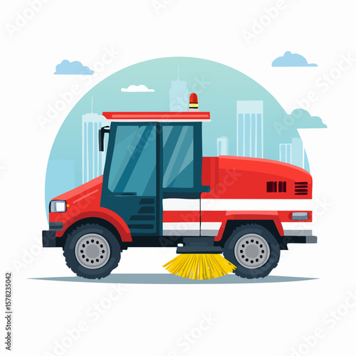 Bright Red Street Sweeper Cleaning City Streets with Brush
