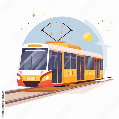 Modern Yellow and White Electric Tram on Tracks with Sky Elements