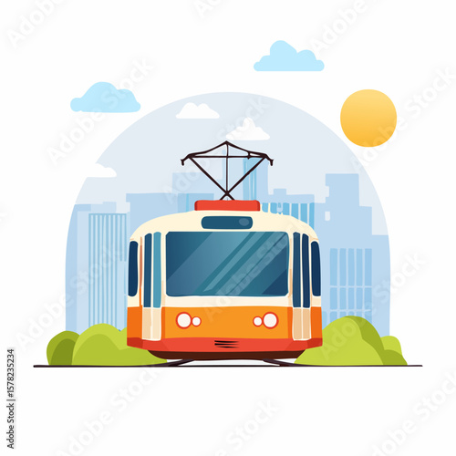 Colorful Cartoon Tram with Cityscape, Sun, and Clouds in Illustration